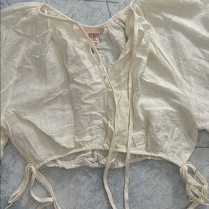 H&M Cream Tie-Front Billowy Boho Prairie Blouse